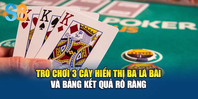 Trò chơi 3 cây hiển thị ba lá bài và bảng kết quả rõ ràng